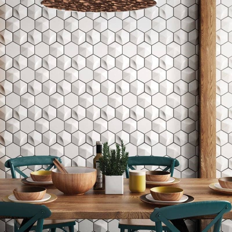 mur-cuisine-carrelage-hexagonal-blanc-mat-a-relief-3D-Oberland 124x107-mm
