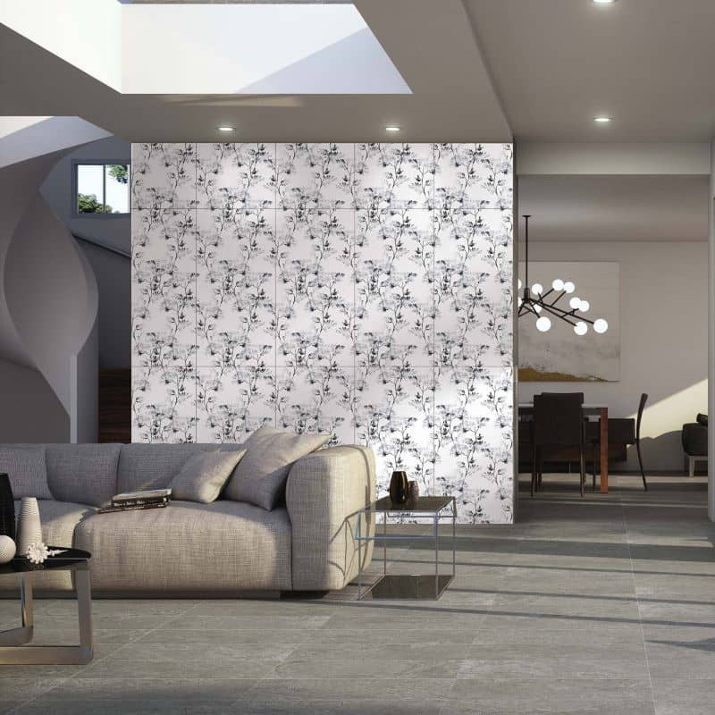 Mur-d-un-sejour-moderne-avec-du-carrelage-50x100-motif-fleur-noir-et-blanc-Couture-black-white