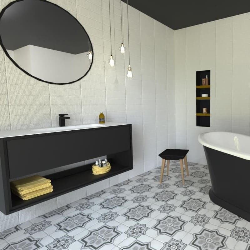 carrealge-art-nouveau-capitol-grey-20x20-cm-sol salle-de-bains-avec-baignoire-ilot-noire