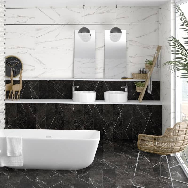 Carrelage-mural-imitation-marbre-blanc-33x100-Oberon-mat-dans-une-salle-de-bains-contemporaine
