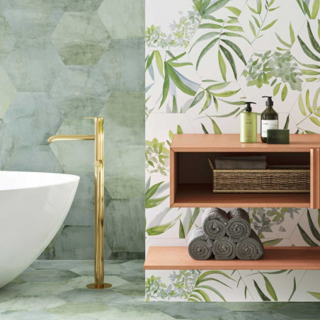 carrelage-sol-et-mur-salle-de-bain-hexagonal-vert-nuance-oasis-aquamarine-28x33-et oasis-decor-feuille