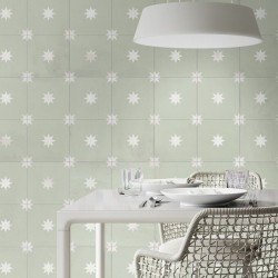 mur-cuisine-carrelage-44x44-gres-cerame-imitation-carreau-de-ciment-vert-clair-avec-motif-etoile-blanche-ref-Star-Sage