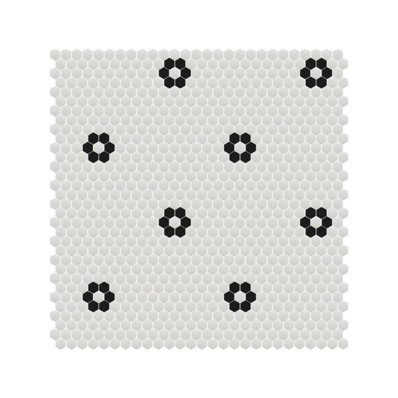 mosaique-hexagonale-sur-trame-flores-blanco-25x25-mm-noir-et-blanc