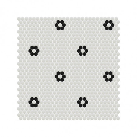 mosaique-hexagonale-sur-trame-flores-blanco-25x25-mm-noir-et-blanc